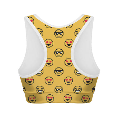 Pixel Emoji Pattern Print Women's Sports Bra