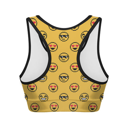 Pixel Emoji Pattern Print Women's Sports Bra
