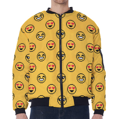 Pixel Emoji Pattern Print Zip Sleeve Bomber Jacket