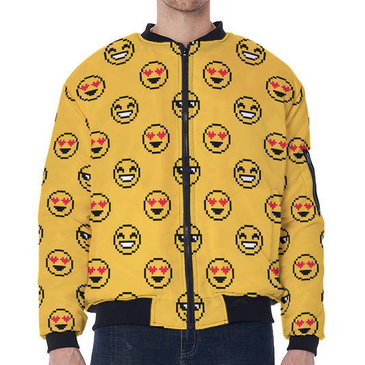 Pixel Emoji Pattern Print Zip Sleeve Bomber Jacket