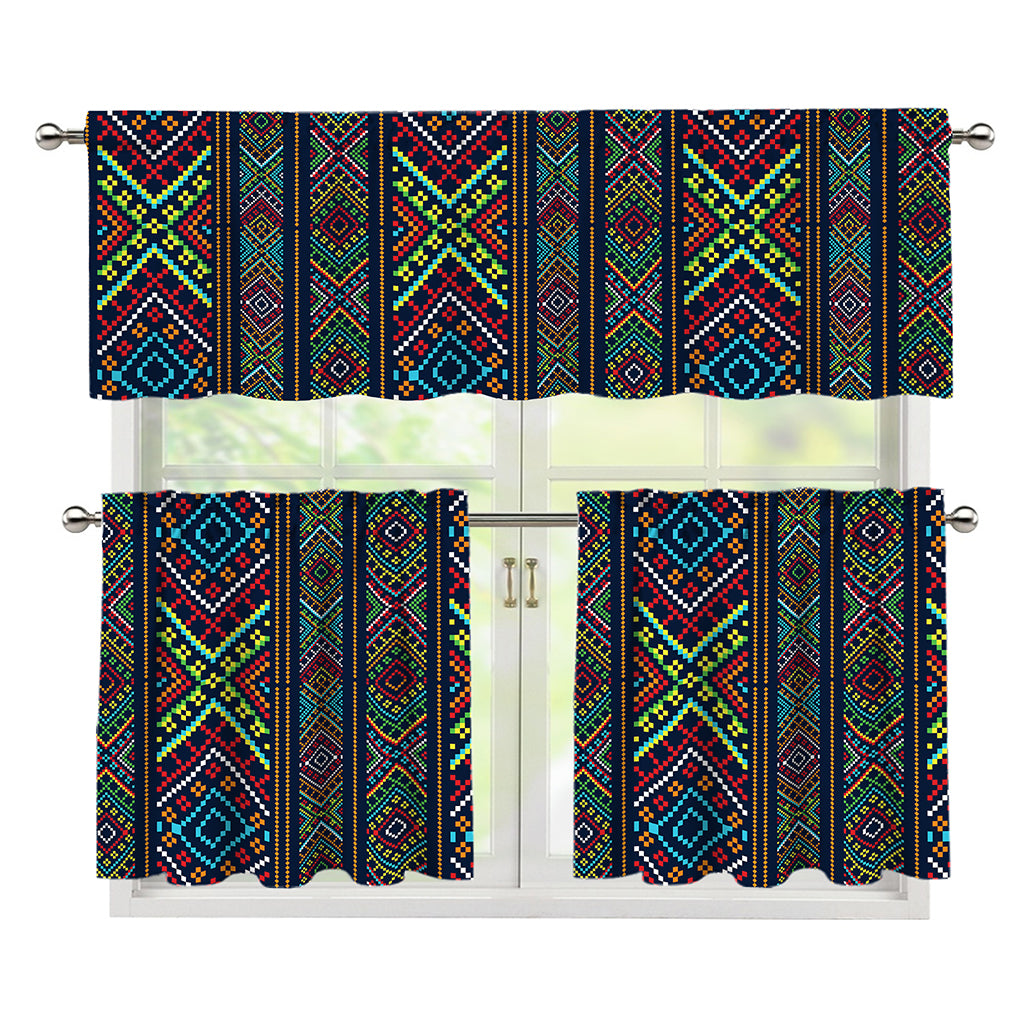 Pixel Ethnic Pattern Print 3 Piece Kitchen Curtains