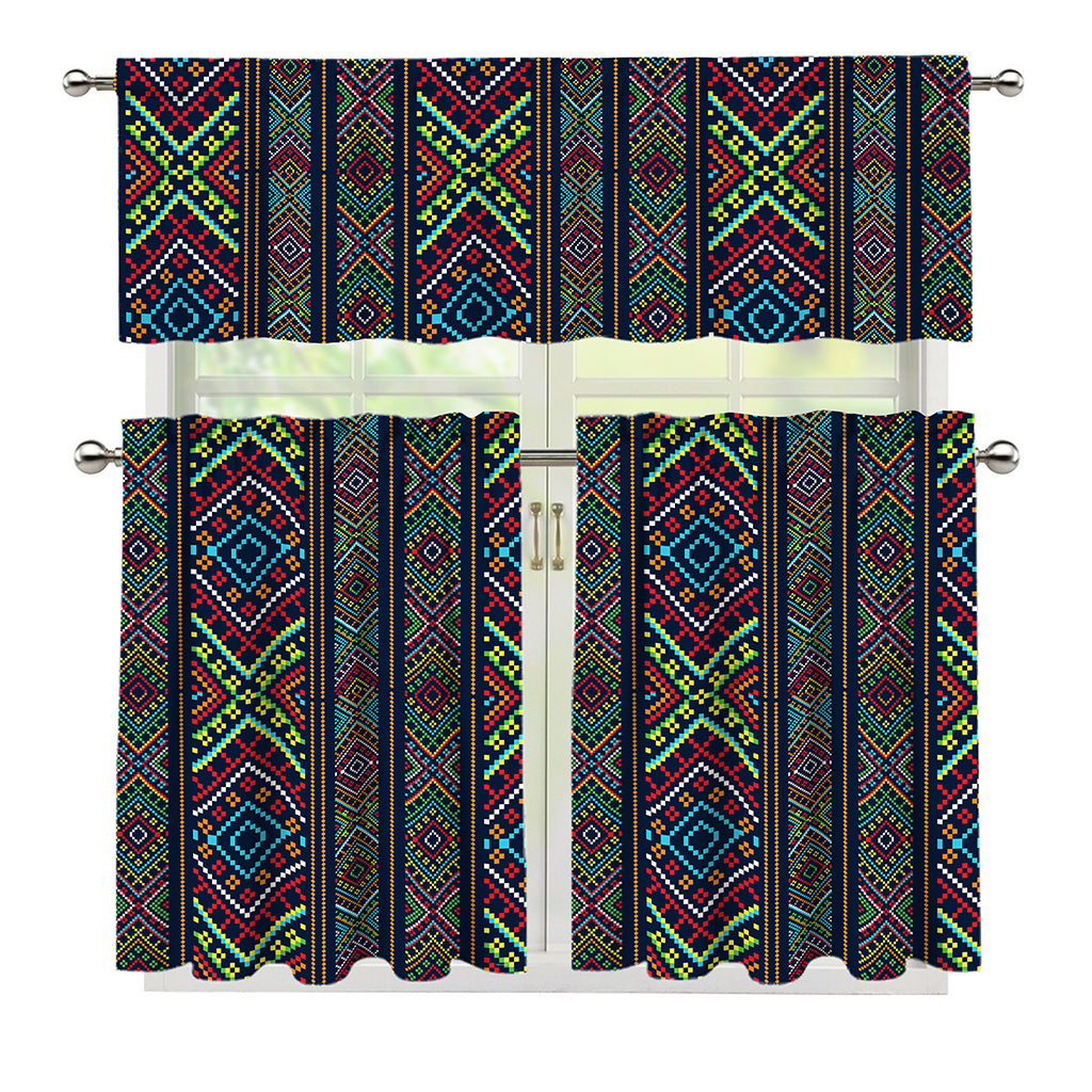 Pixel Ethnic Pattern Print 3 Piece Kitchen Curtains