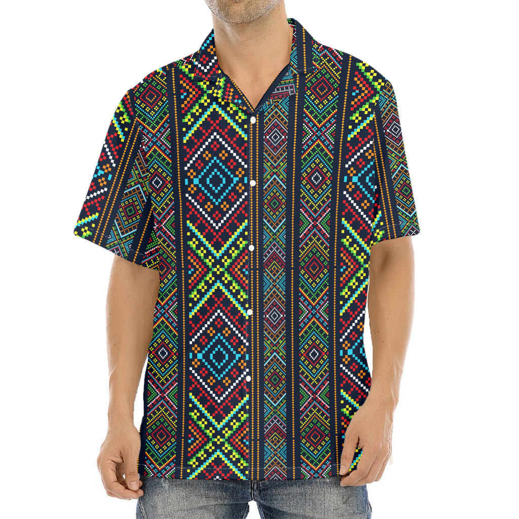Pixel Ethnic Pattern Print Aloha Shirt