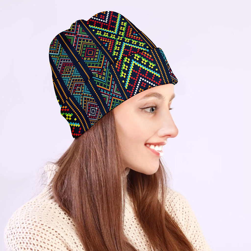 Pixel Ethnic Pattern Print Beanie