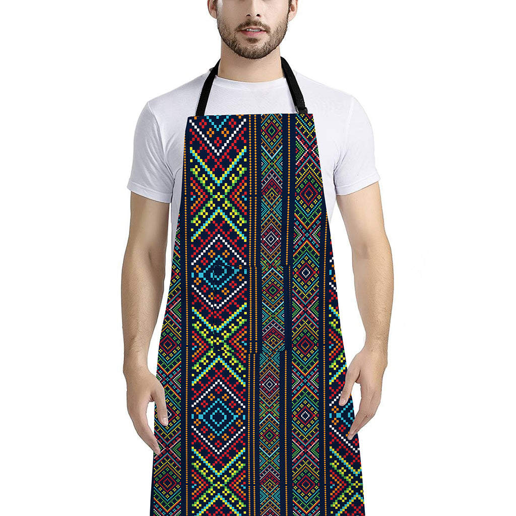 Pixel Ethnic Pattern Print Bib Apron With Pocket