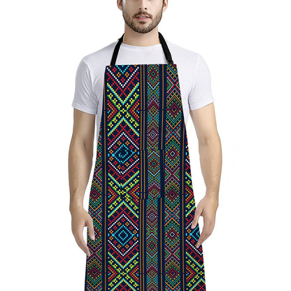 Pixel Ethnic Pattern Print Bib Apron With Pocket