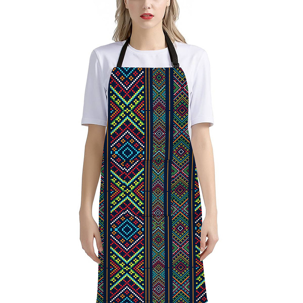 Pixel Ethnic Pattern Print Bib Apron With Pocket