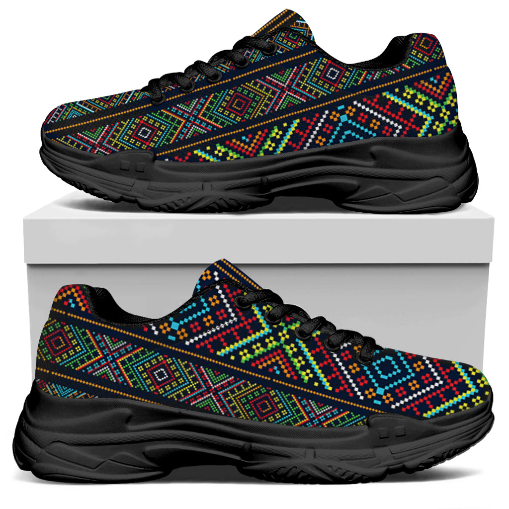 Pixel Ethnic Pattern Print Black Chunky Shoes