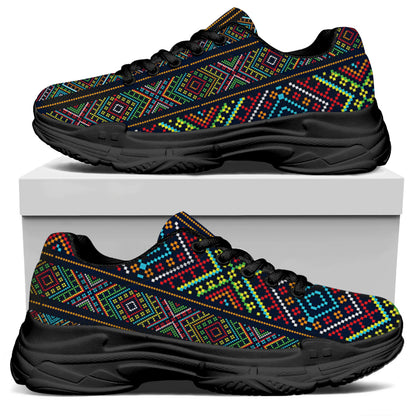 Pixel Ethnic Pattern Print Black Chunky Shoes