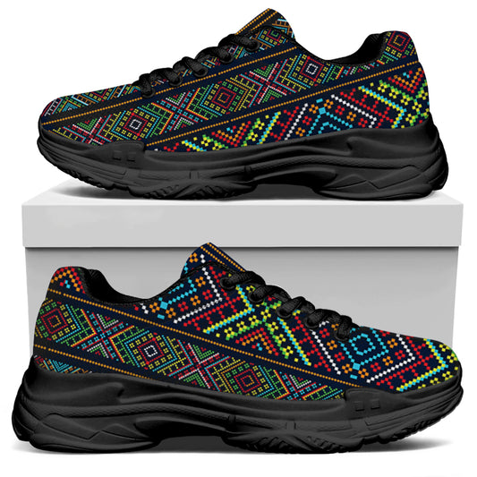 Pixel Ethnic Pattern Print Black Chunky Shoes