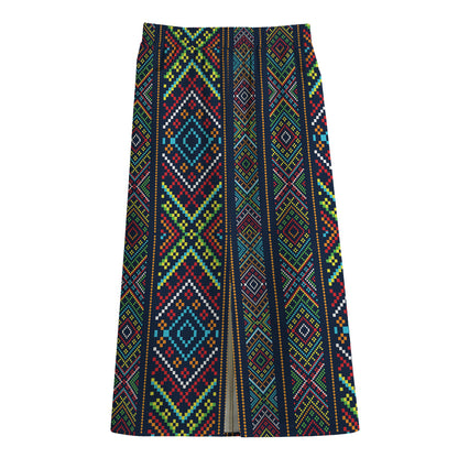 Pixel Ethnic Pattern Print Cotton Front Slit Maxi Skirt