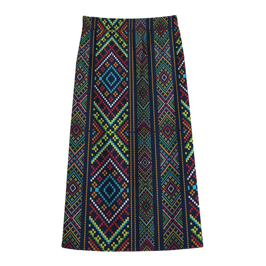 Pixel Ethnic Pattern Print Cotton Front Slit Maxi Skirt