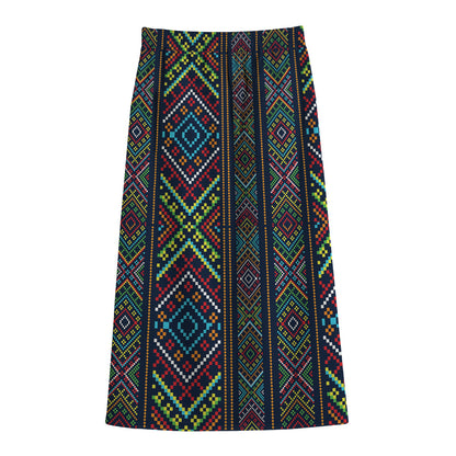 Pixel Ethnic Pattern Print Cotton Front Slit Maxi Skirt