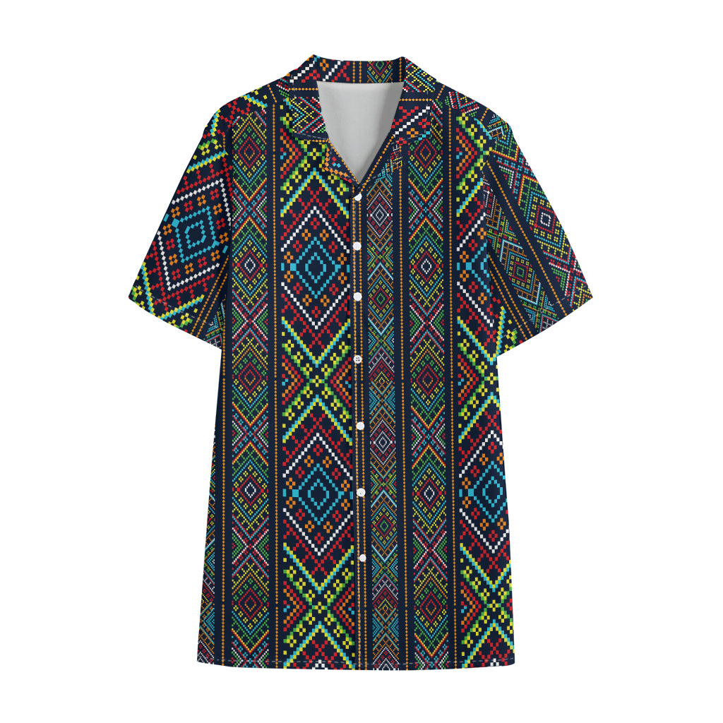 Pixel Ethnic Pattern Print Cotton Hawaiian Shirt