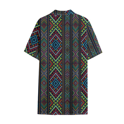 Pixel Ethnic Pattern Print Cotton Hawaiian Shirt