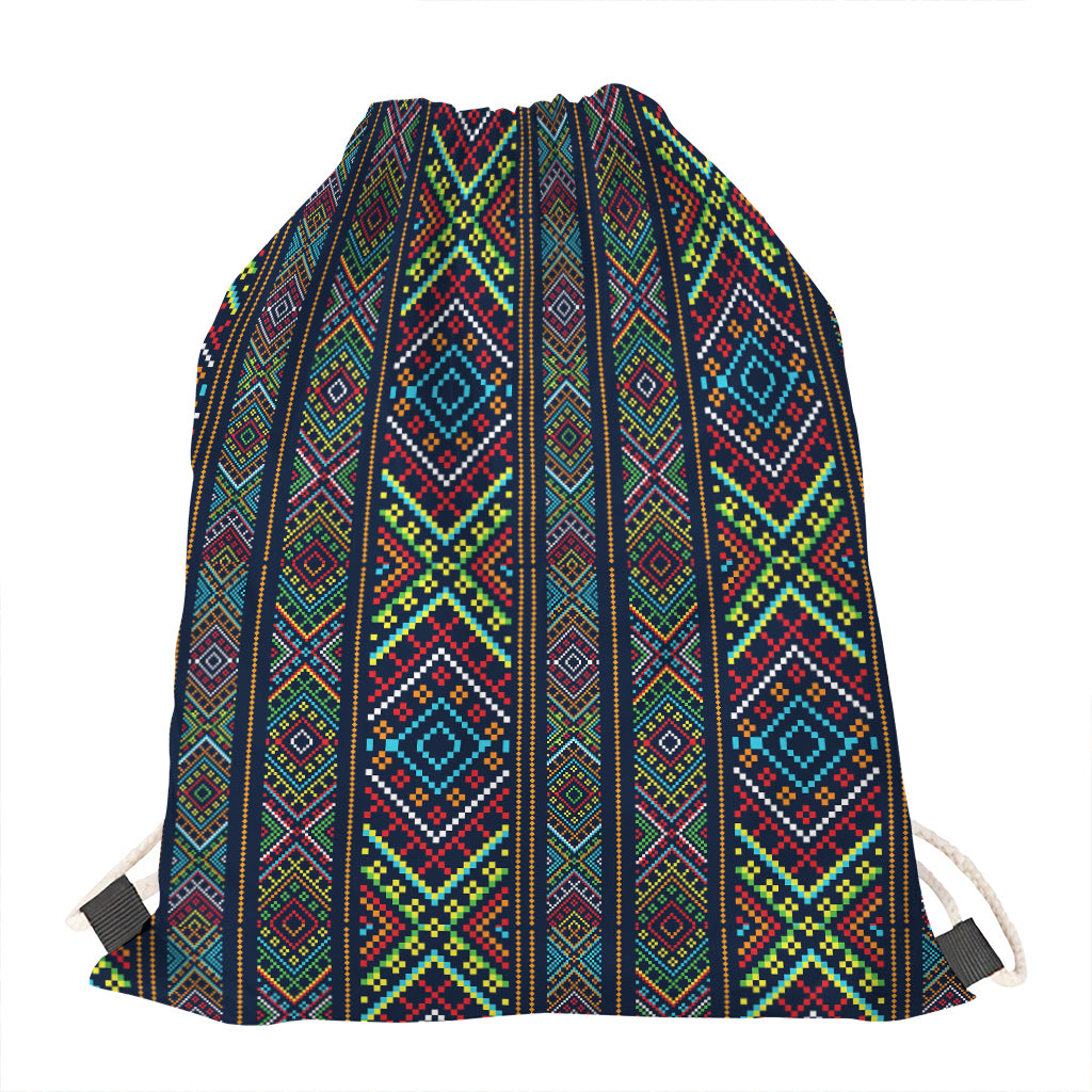 Pixel Ethnic Pattern Print Drawstring Bag