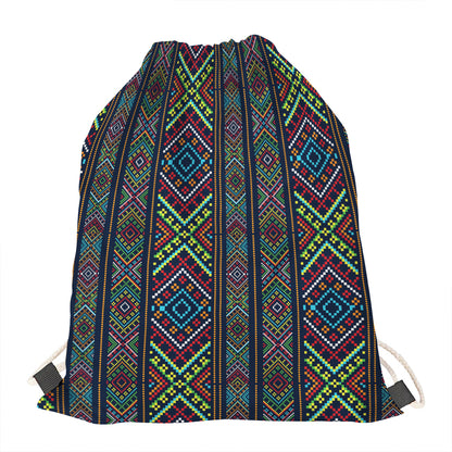 Pixel Ethnic Pattern Print Drawstring Bag