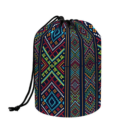 Pixel Ethnic Pattern Print Drawstring Makeup Bag