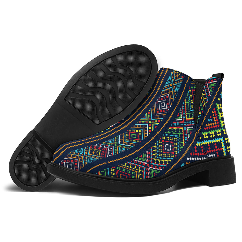 Pixel Ethnic Pattern Print Flat Ankle Boots