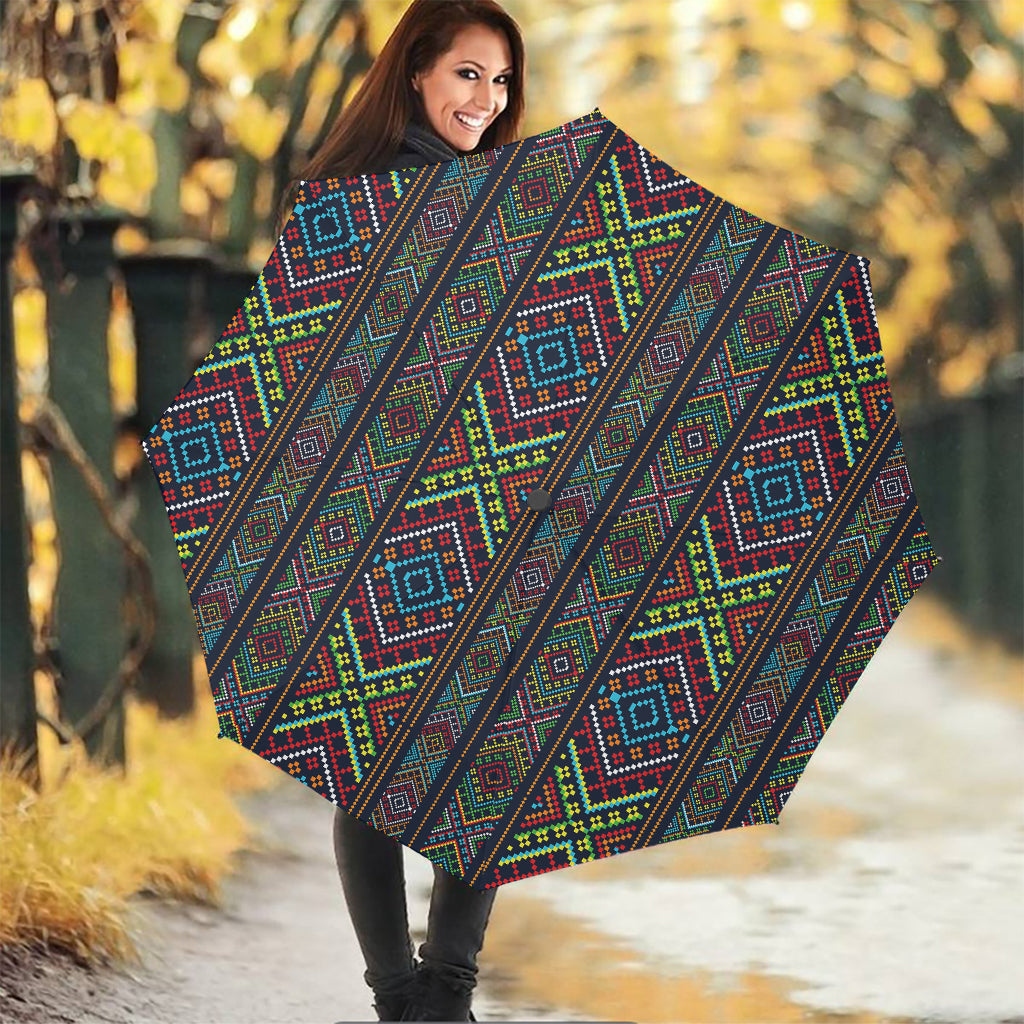 Pixel Ethnic Pattern Print Foldable Umbrella