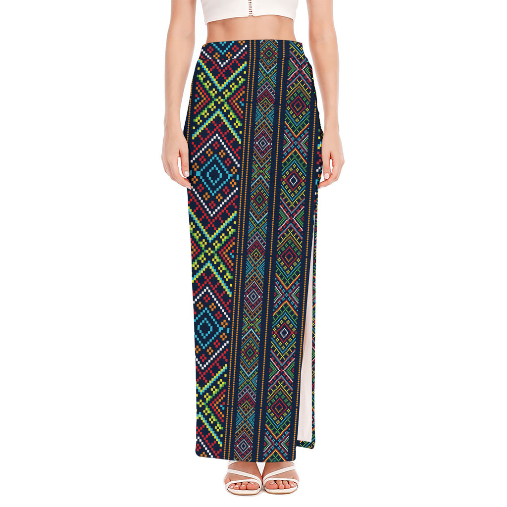 Pixel Ethnic Pattern Print High Slit Maxi Skirt