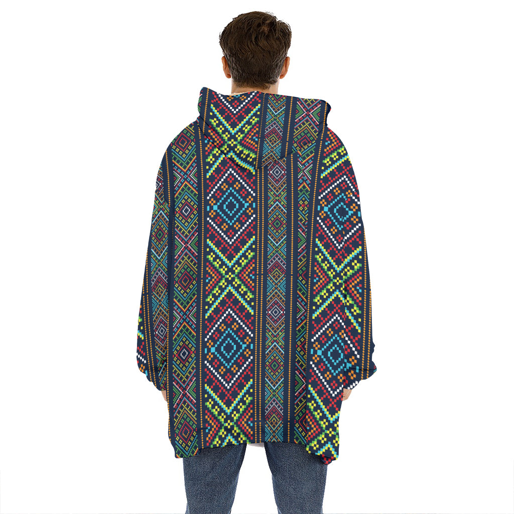 Pixel Ethnic Pattern Print Hoodie Blanket