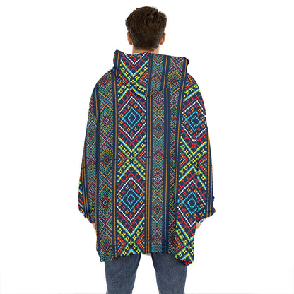 Pixel Ethnic Pattern Print Hoodie Blanket