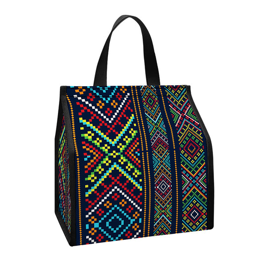 Pixel Ethnic Pattern Print Insulated Lunch Tote