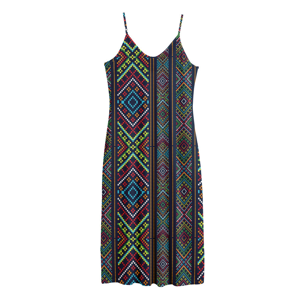 Pixel Ethnic Pattern Print Jersey Midi Cami Dress