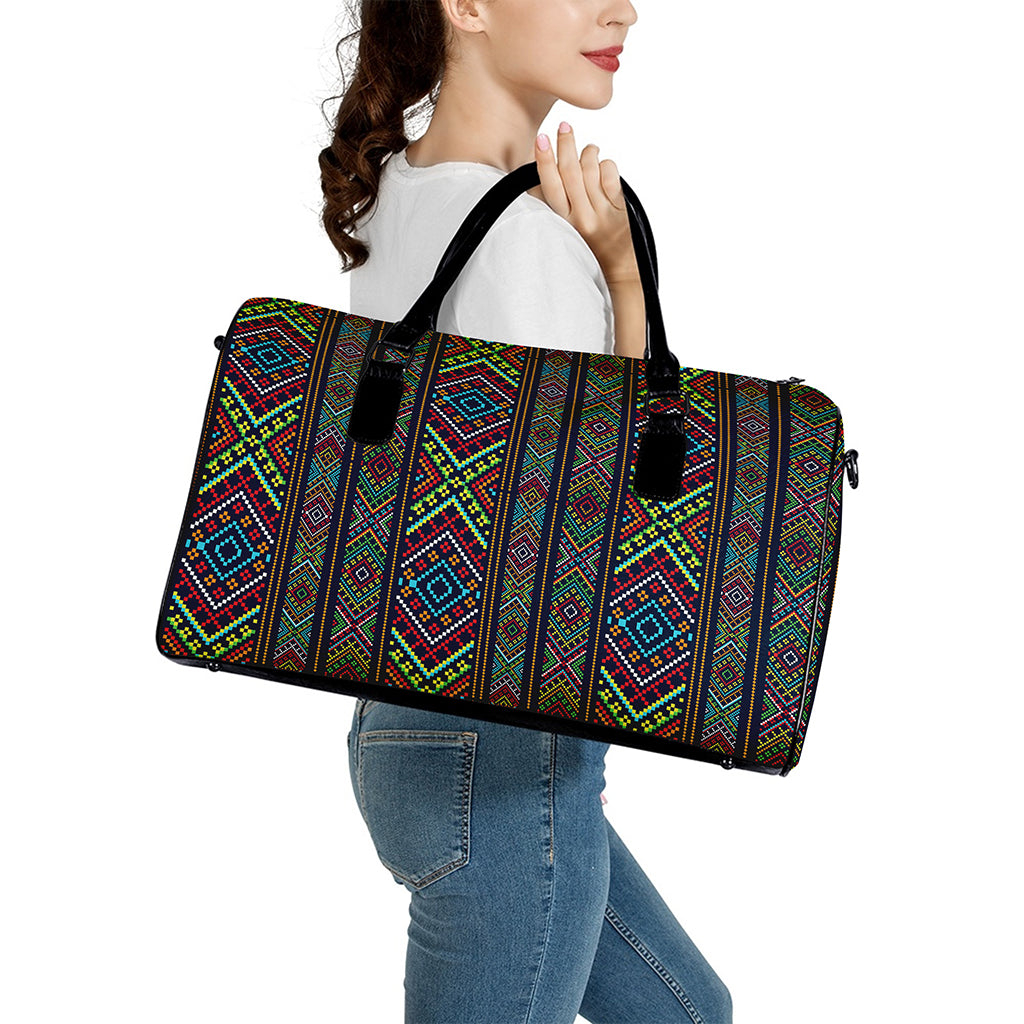 Pixel Ethnic Pattern Print Leather Duffle Bag