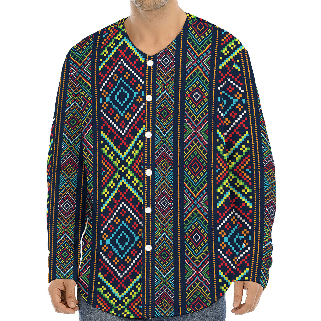Pixel Ethnic Pattern Print Long Sleeve Baseball Jersey