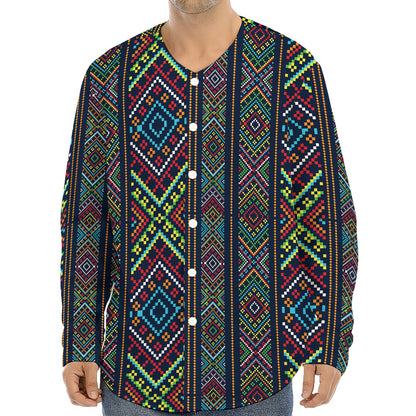 Pixel Ethnic Pattern Print Long Sleeve Baseball Jersey