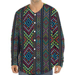 Pixel Ethnic Pattern Print Long Sleeve Baseball Jersey