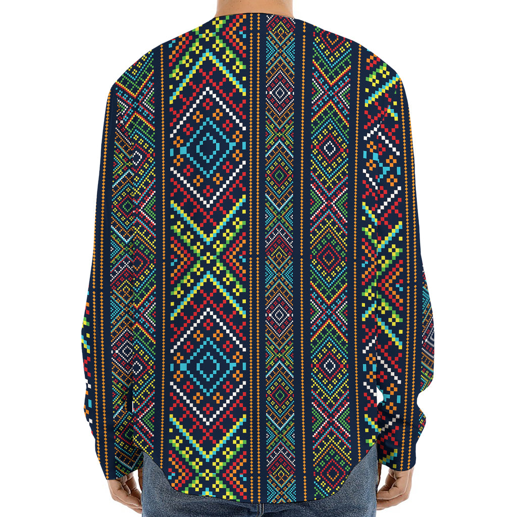 Pixel Ethnic Pattern Print Long Sleeve Baseball Jersey