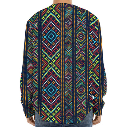 Pixel Ethnic Pattern Print Long Sleeve Baseball Jersey