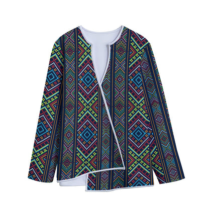 Pixel Ethnic Pattern Print Long Sleeve Short Coat