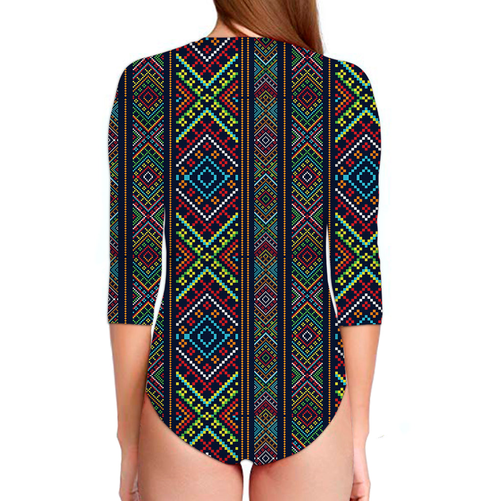 Pixel Ethnic Pattern Print Long Sleeve Swimsuit