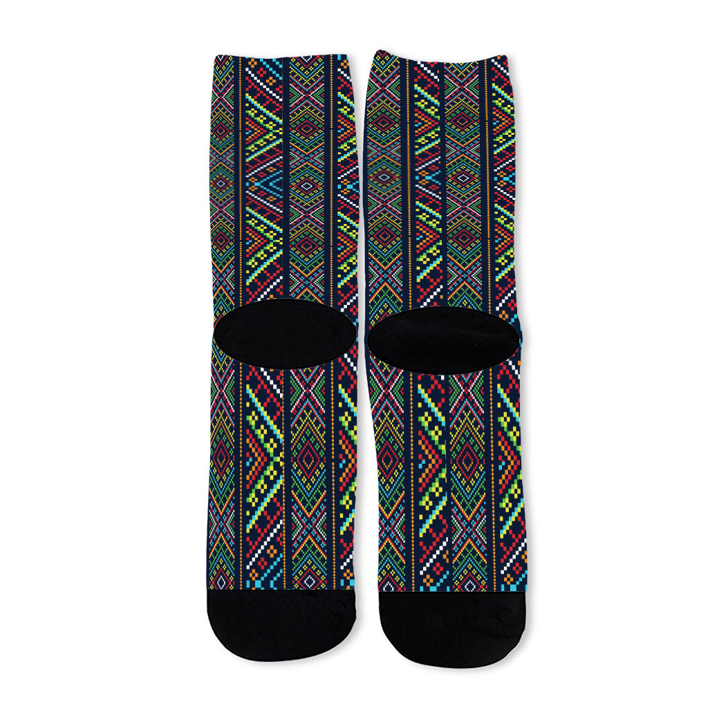 Pixel Ethnic Pattern Print Long Socks