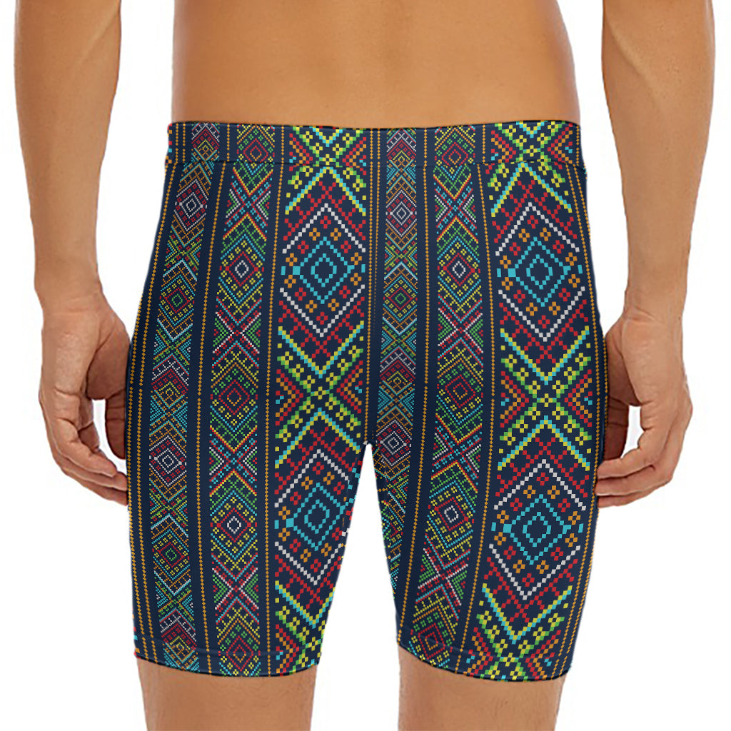 Pixel Ethnic Pattern Print Men's Long Boxer Briefs