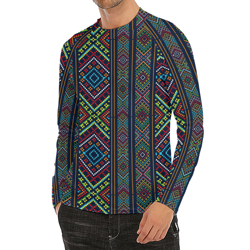 Pixel Ethnic Pattern Print Men's Long Sleeve Rash Guard