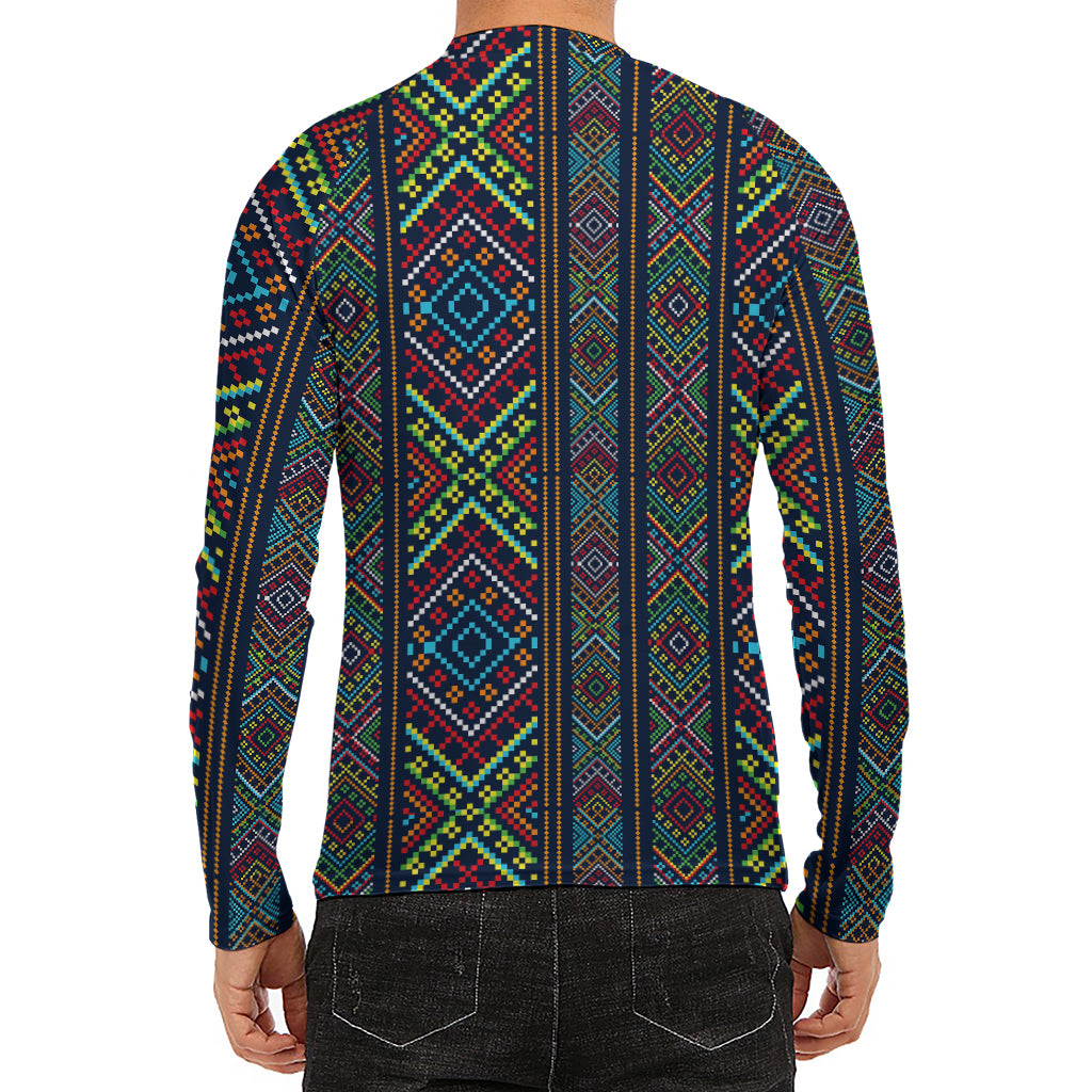 Pixel Ethnic Pattern Print Men's Long Sleeve Rash Guard