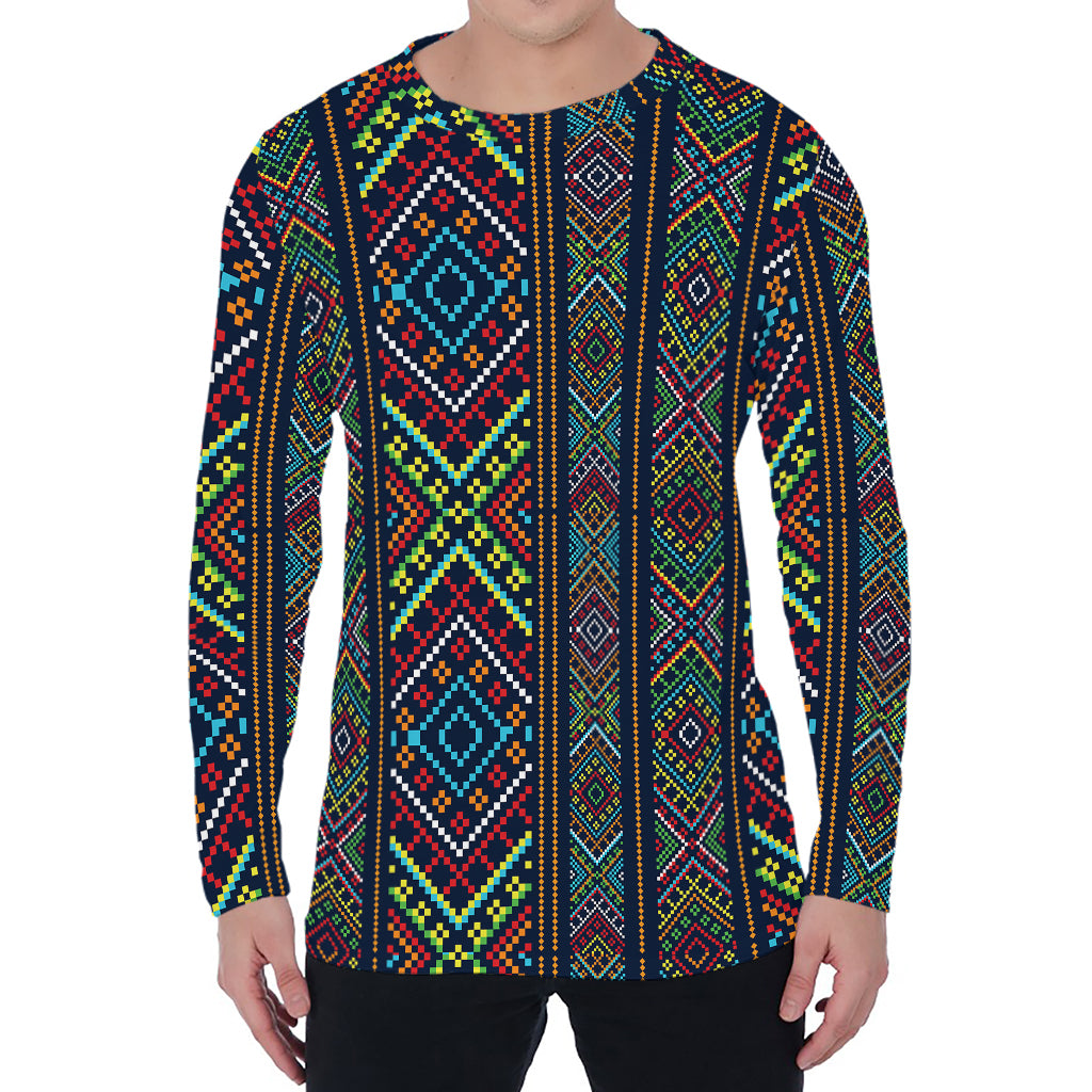 Pixel Ethnic Pattern Print Men's Long Sleeve T-Shirt