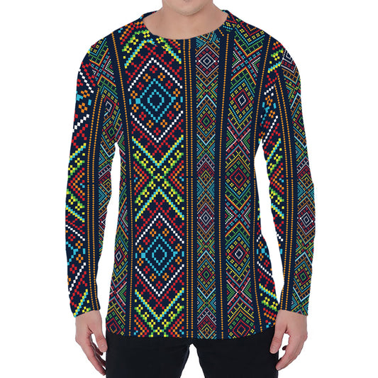 Pixel Ethnic Pattern Print Men's Long Sleeve T-Shirt