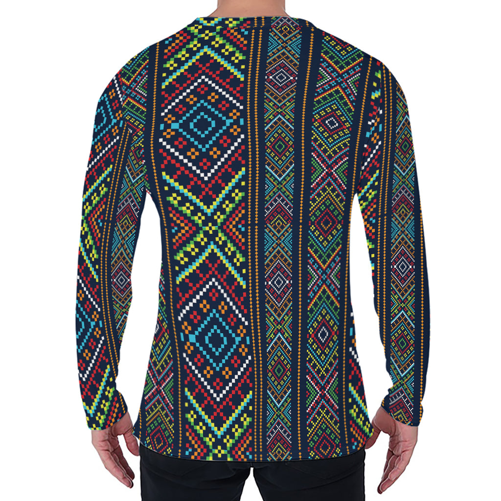 Pixel Ethnic Pattern Print Men's Long Sleeve T-Shirt