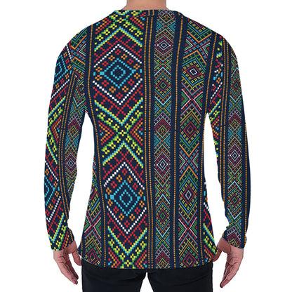Pixel Ethnic Pattern Print Men's Long Sleeve T-Shirt