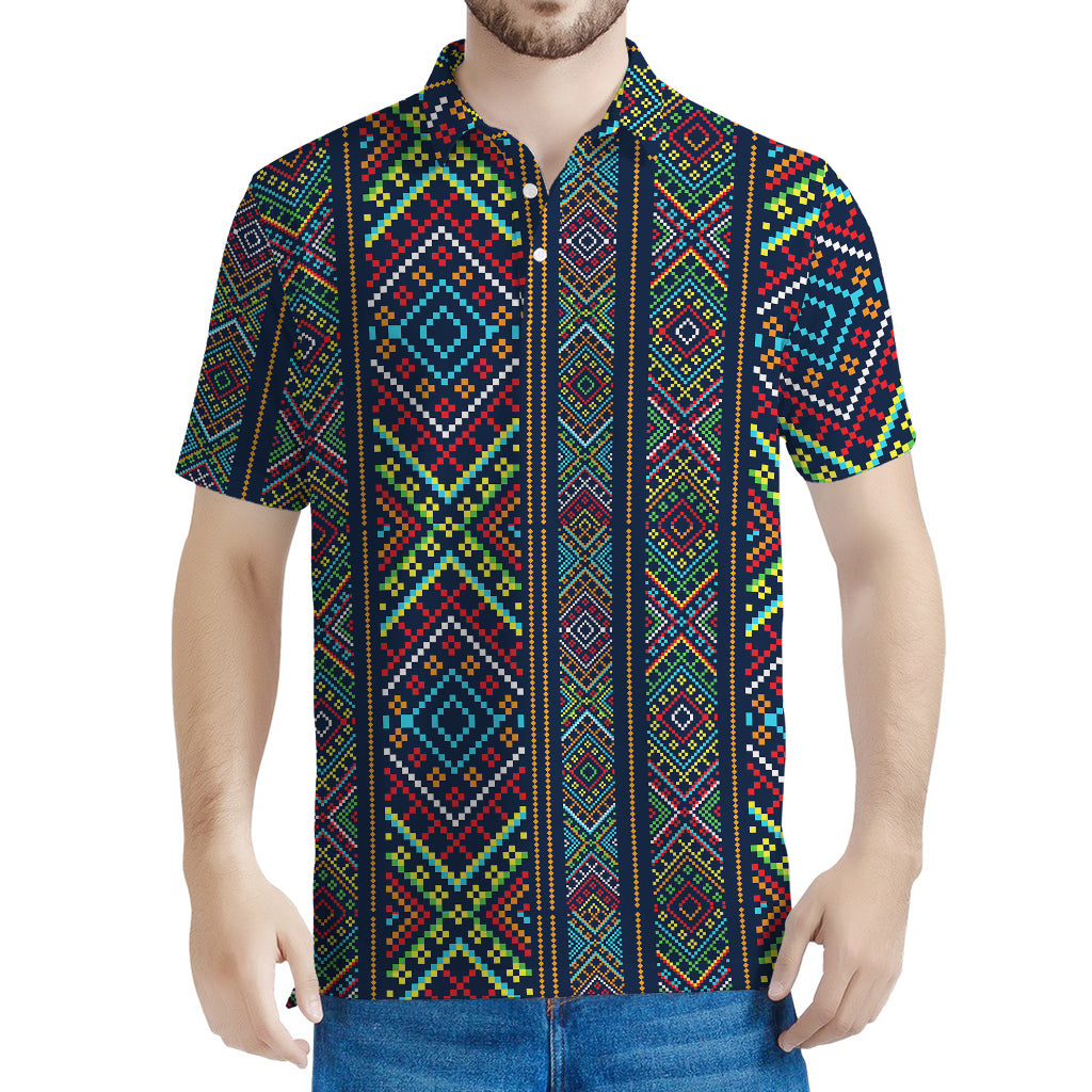Pixel Ethnic Pattern Print Men's Polo Shirt