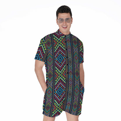 Pixel Ethnic Pattern Print Men's Rompers