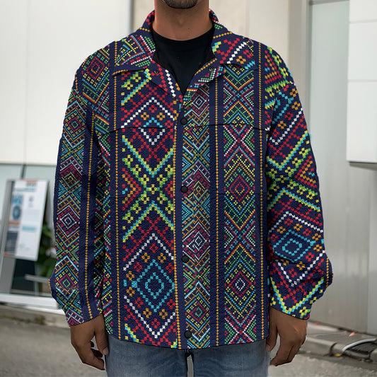 Pixel Ethnic Pattern Print Men's Shirt Jacket