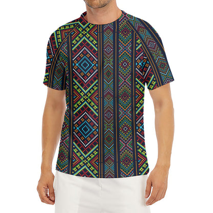 Pixel Ethnic Pattern Print Men's Short Sleeve Rash Guard