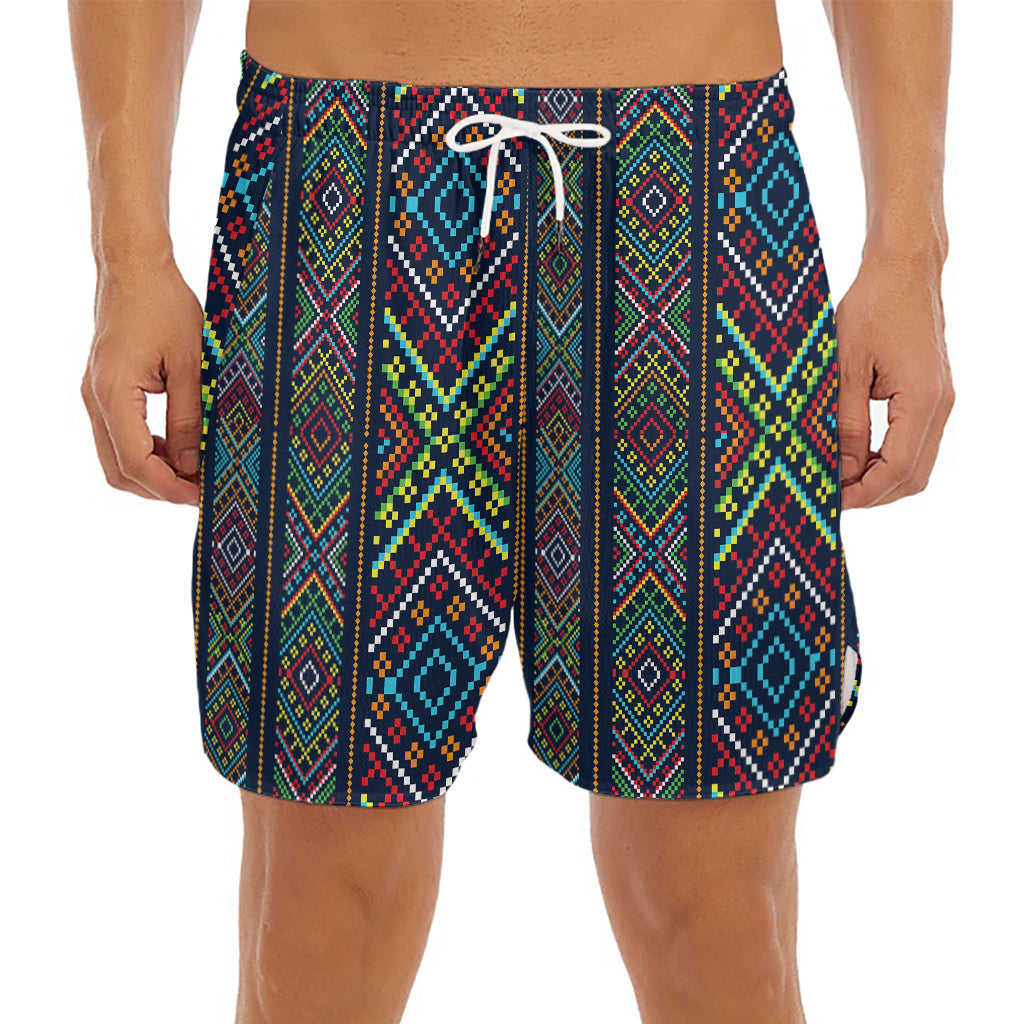 Pixel Ethnic Pattern Print Men's Split Running Shorts